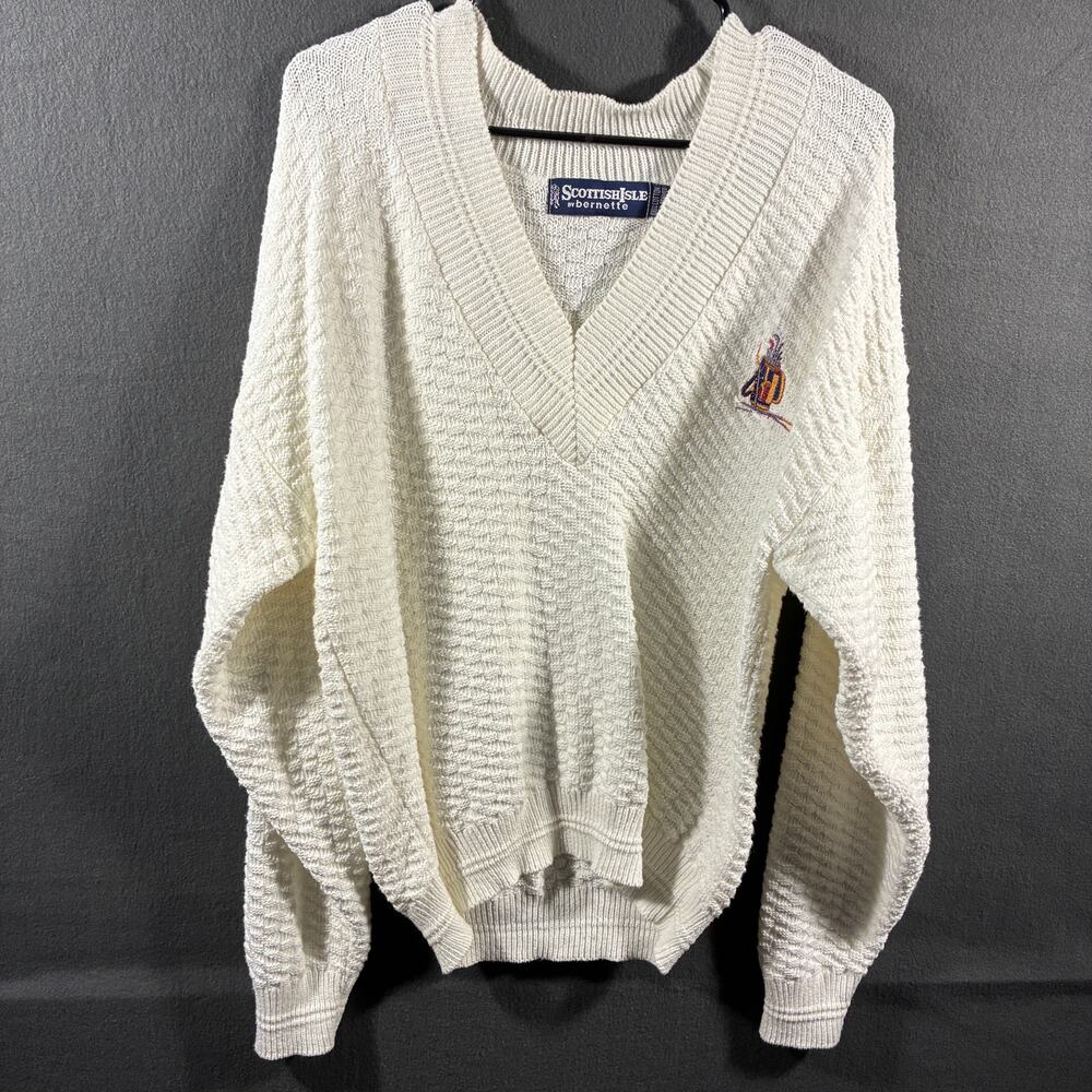 scottish isle women cotton sweater m ivory hand knit fisherman cable chunky